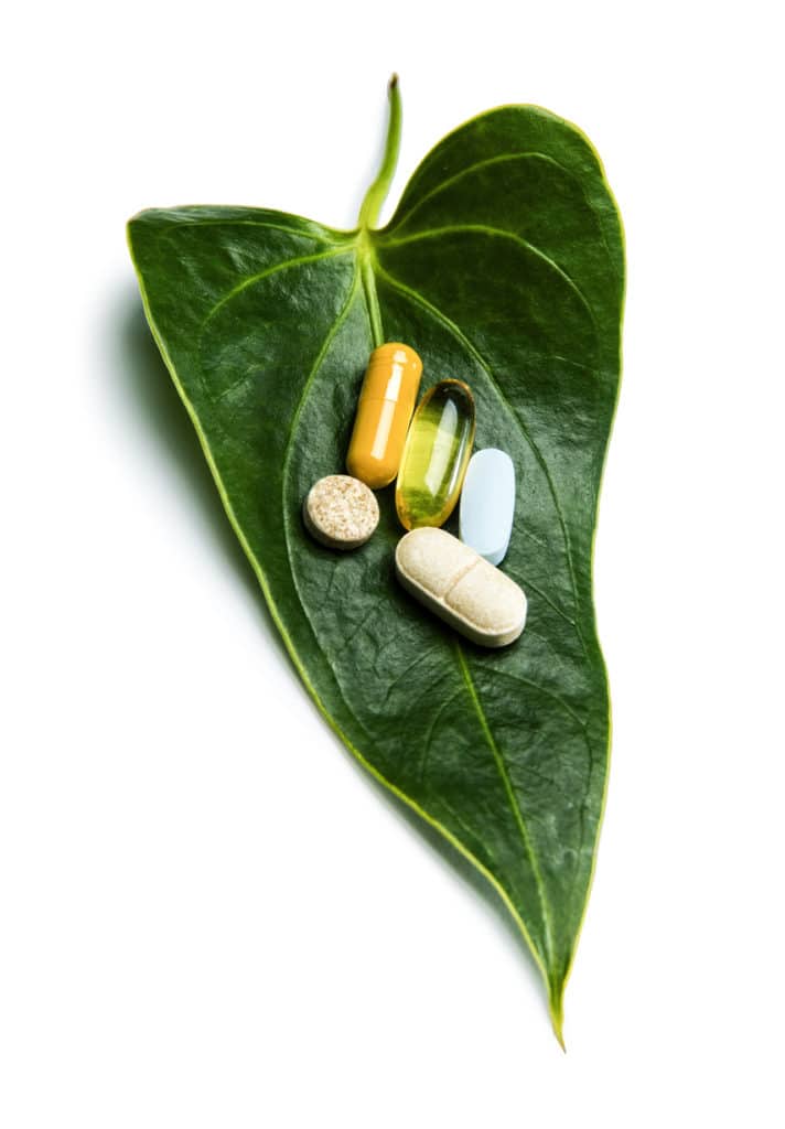 This is a photograph of colorful pills on a green leaf sitting on a white background. There is a clipping path included with this file.